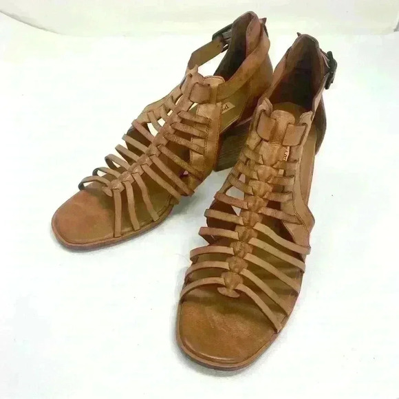 Paul Green christy leather Sandal Heeled ankle strappy Woven Tan Size US 9 EUC - Picture 9 of 9